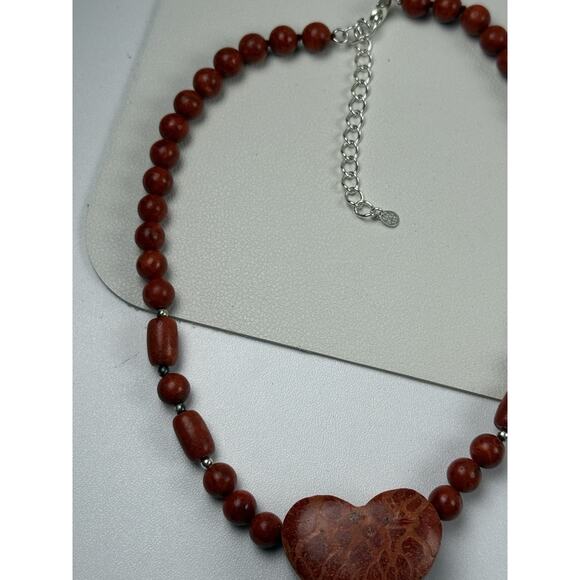GSJ Coral Heart Beaded 16"-18.5" Sterling Silver Clasp Necklace - Picture 5 of 12